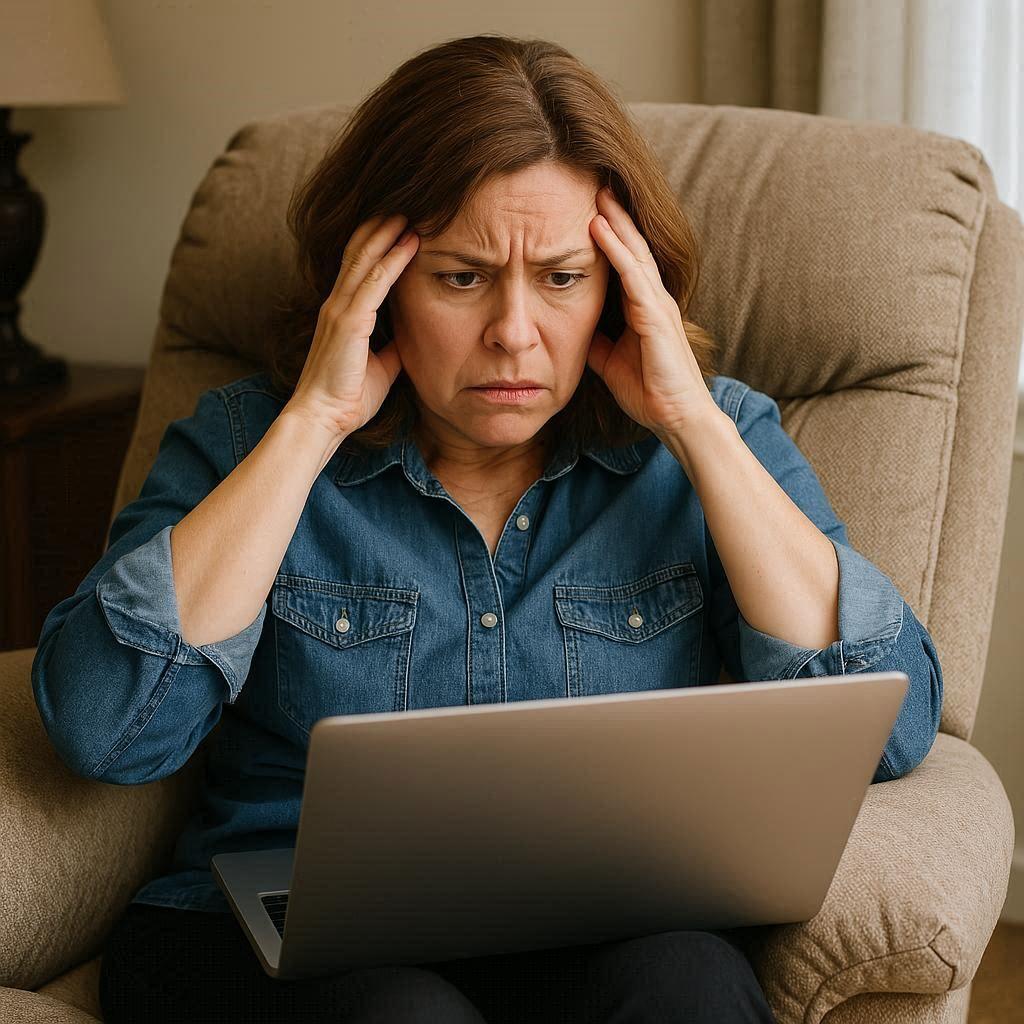 frustrated woman sitting in a recliner with a laptop
