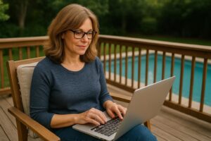 Woman on laptop sitting on deck near a pool
