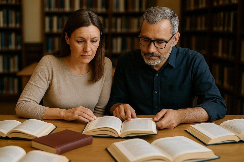 Man and woman sitting at a desk reading books
