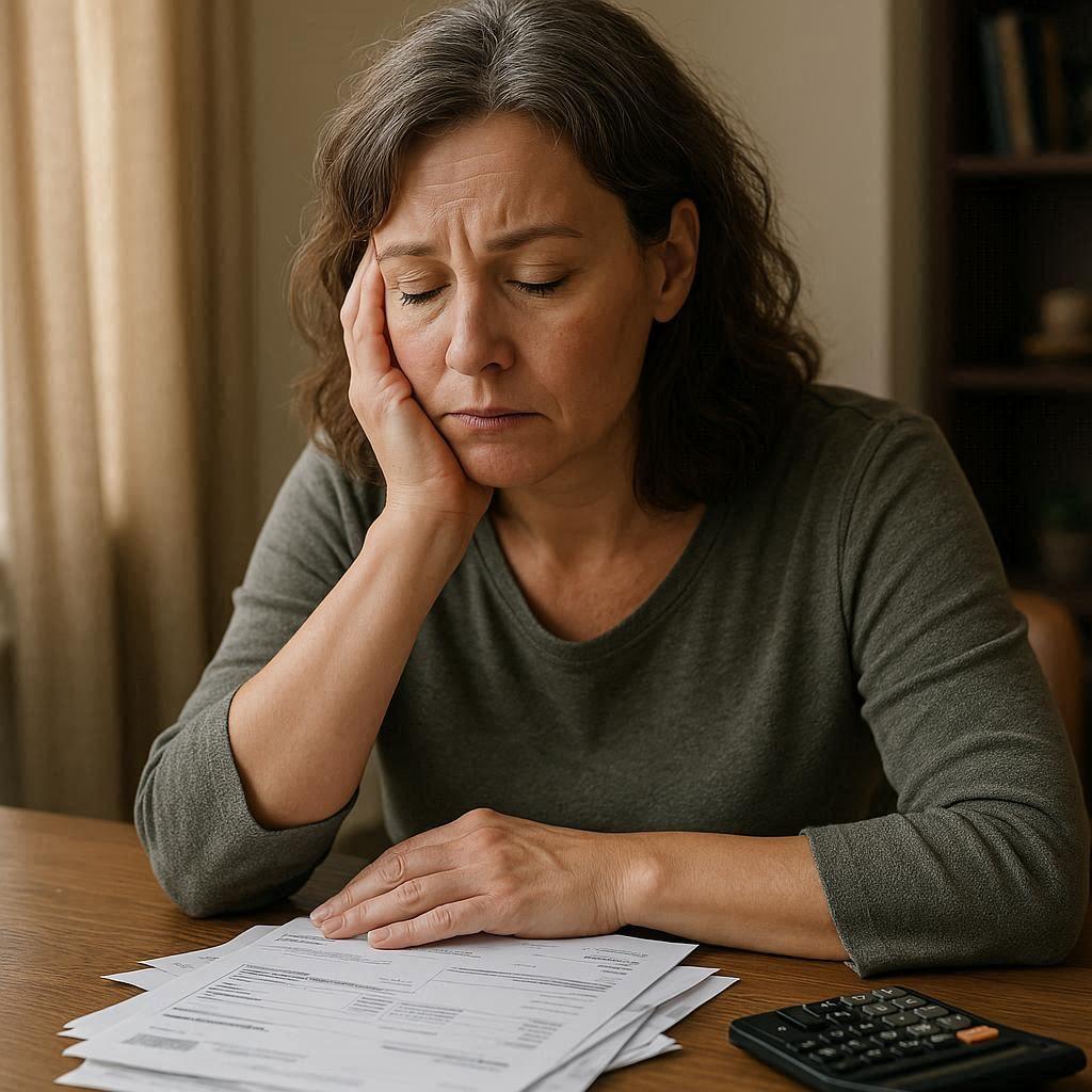 Woman sitting at desk looking a a stack of bills