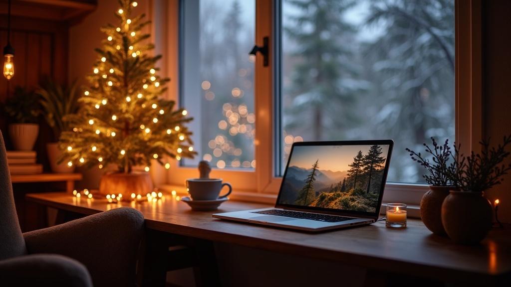 A cozy digital workspace with warm lighting and winter decor, featuring a small desk by a window, hot beverage, and laptop.