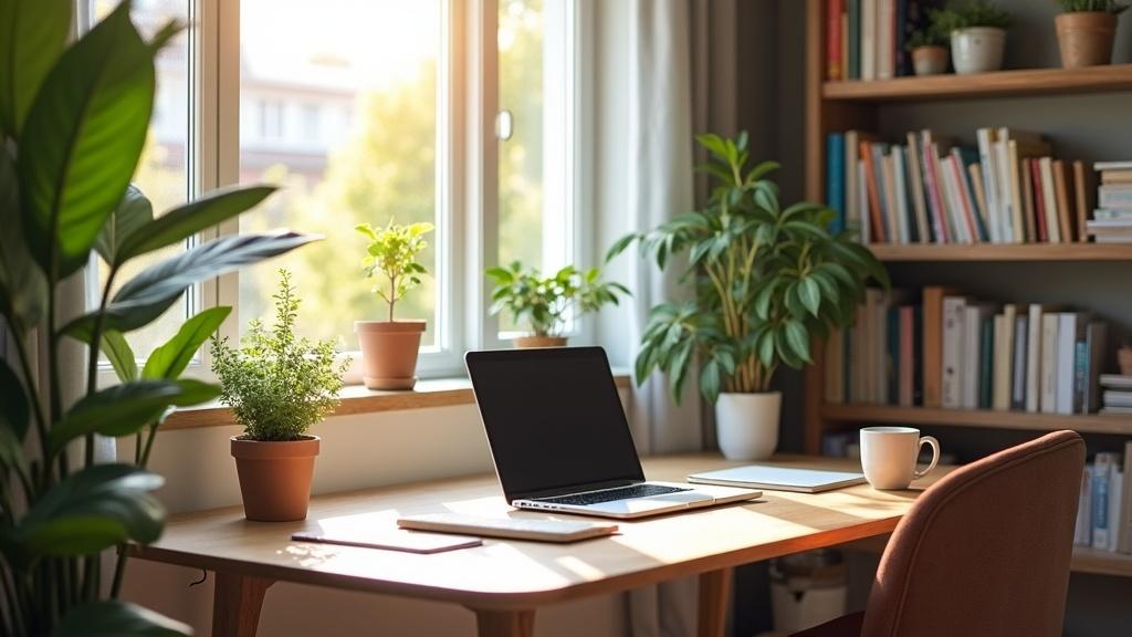 A cozy home office setup with a laptop, notebook, and coffee cup on a tidy desk next to a sunny window, surrounded by indoor plants and a bookshelf with reference books and craft supplies.