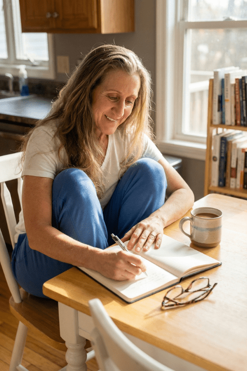 Woman writing notes at kitchen table